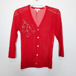 Kookai Red Semi Sheer 3/4 Length Sleeve V-Neck Button Up Blouse Sequin Detail